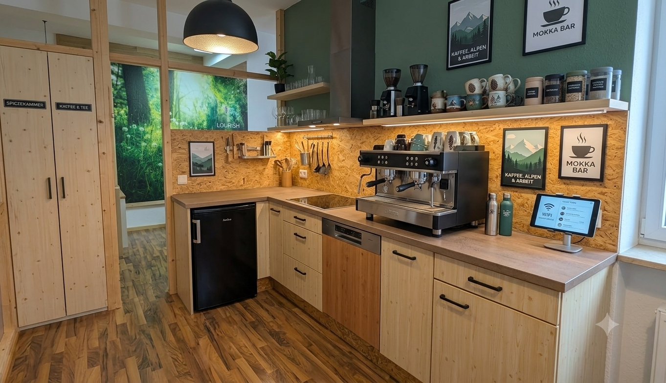 Küche mit Siebträgermaschine und Kaffeebar